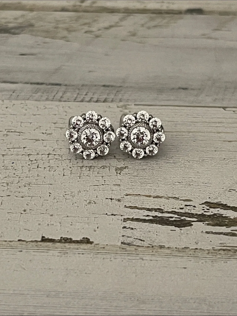Judith Ripka CZ Halo Cluster Omega Back Earrings 925 Sterling Silver Signed